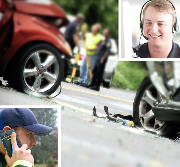 Collage image of car accident and first responders and 911 operator with headset. 