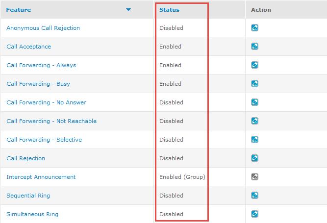 The Status column on the Inbound Features tab of the Customer Portal home page.