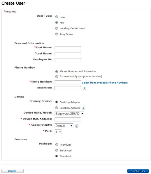 Create user screen with fax selected as the user type.