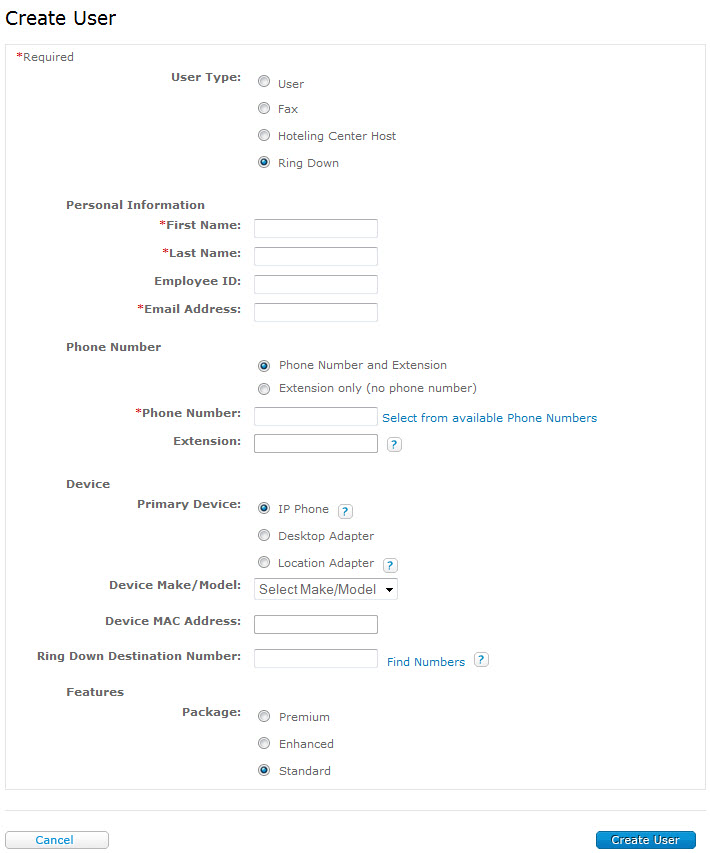  Create User page with Ring Down user type.