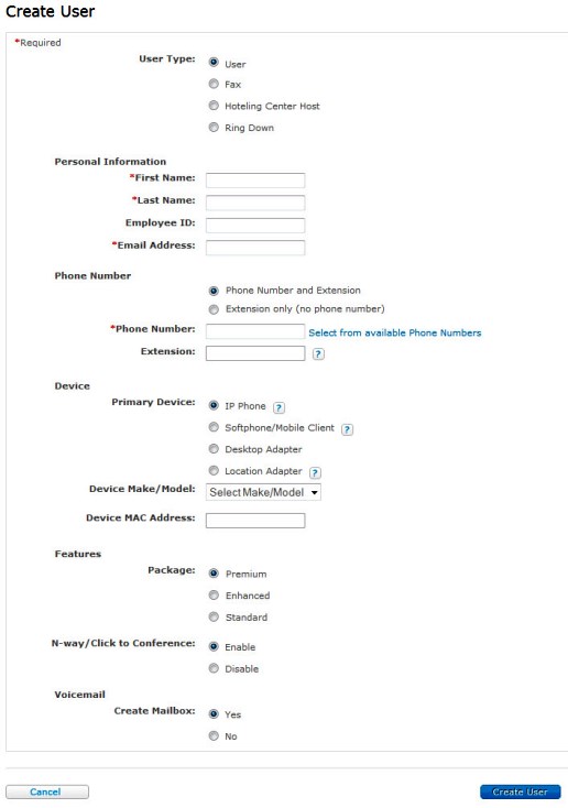 Create User page with user selected as the user type.