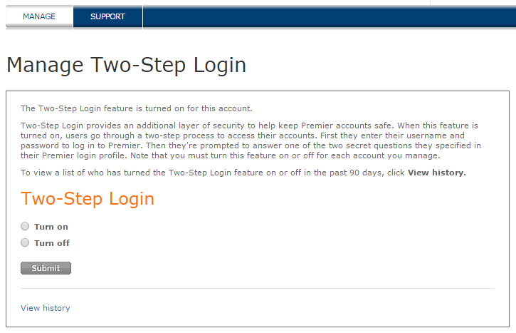 Manage Two-Step Log In page